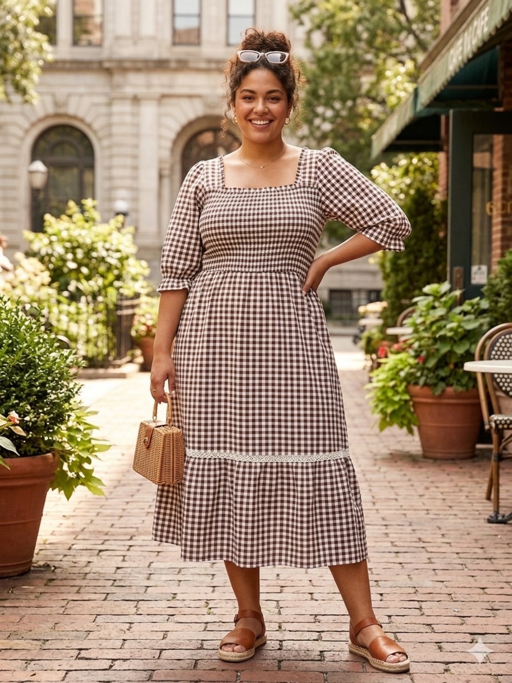 BloomChic Brown Gingham Square-Neck Maxi Dress